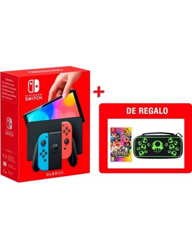 18763-Switch - Nintendo Switch Consola OLED Azul Neon/Rojo Neon + Everybody 1-2 + Funda Travel Case Plus-9503334937277