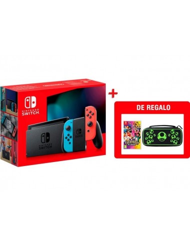18758-Switch - Nintendo Switch Consola Azul Neon/Rojo Neon V2 + Everybody 1-2 + Funda Travel Case Plus Glow-9506462146917